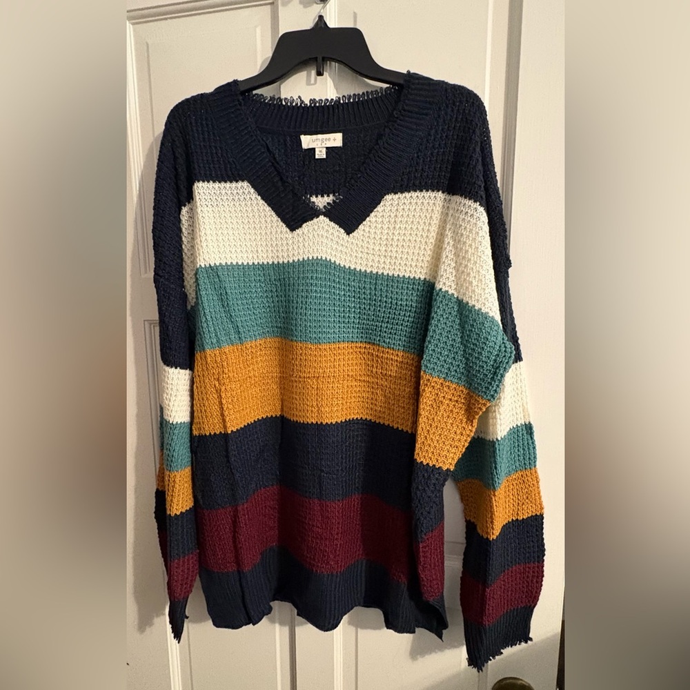Umgee Women’s Plus V-Neck Sweater with Bold Stripes & Open Loop Neck 1X